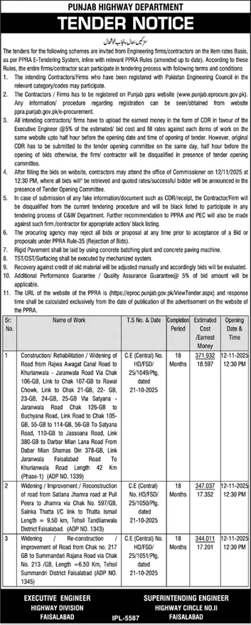 Punjab Highway Department Faisalabad Tender Notice